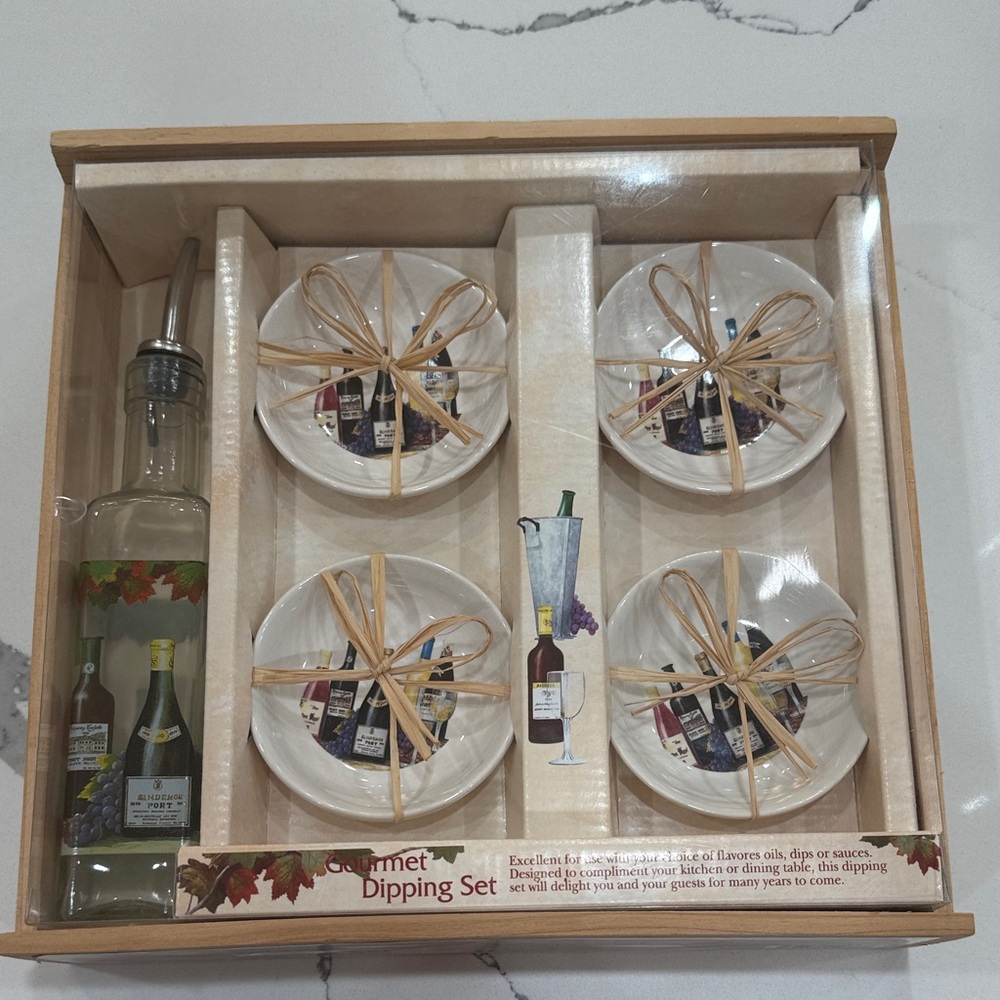 Gourmet Dipping Set with Cream Bowls and Olive Oil Bottle